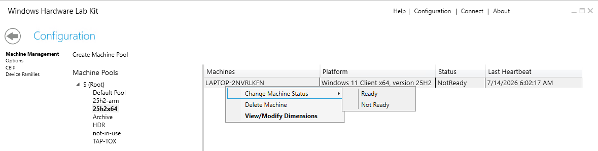 右键测试机 → Change Machine Status → Ready，状态列变为 Ready