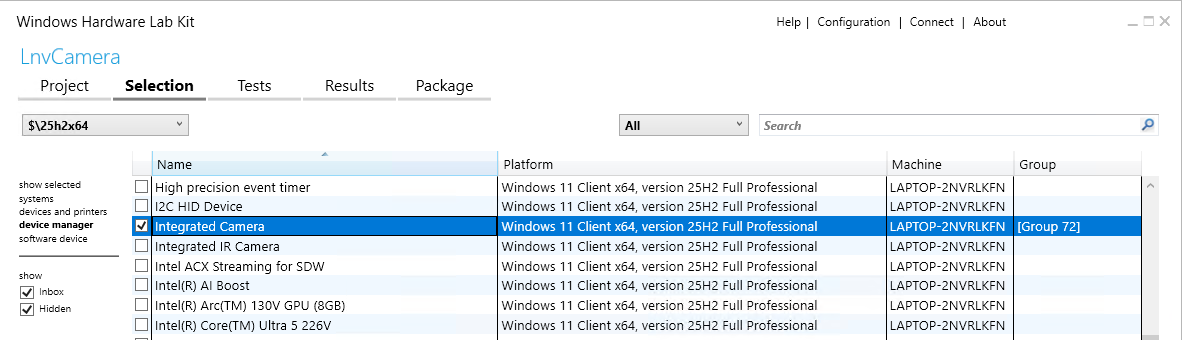 切换到 device manager 视图，勾选要测试的驱动（此处为 Integrated Camera）